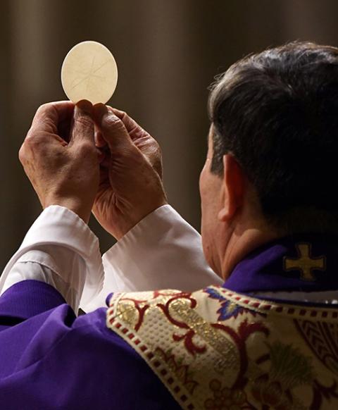 A priest elevates the host during a Mass at St. Patrick's Cathedral in New York City in 2020. (CNS/Gregory A. Shemitz) A priest elevates the host during a Mass at St. Patrick's Cathedral in New York City in 2020. (CNS/Gregory A. Shemitz)