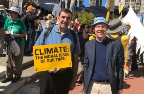 Fr. John Garvey, left, and Fr. Dermot Lane, right, take part in a climate demonstration in San Francisco during Lane's sabbatical 2018-19 at the Jesuit School of Theology in Berkeley. (Provided photo)