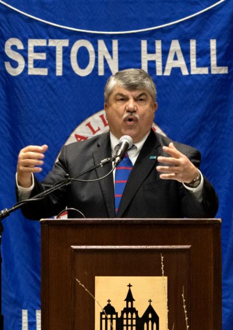 Richard Trumka speaks about Pope Francis March 6 at Seton Hall University in South Orange, New Jersey. (AFL-CIO/ Gerri Hernández)