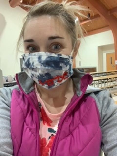 Kristen Gater of Westfield, Indiana, wears a homemade mask that is embroidered with "vote" as she prepares to work the polls on Election Day 2020. (Provided photo) Kristen Gater of Westfield, Indiana, wears a homemade mask that is embroidered with "vote" as she prepares to work the polls on Election Day 2020. (Provided photo)