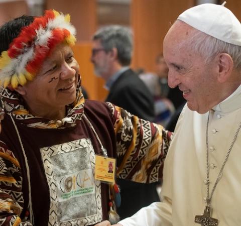Pope Francis meets Jose Gregorio Diaz Mirabal, of Curripaco Indigenous people of Venezuela, during the Synod of Bishops for the Amazon in 2019. (CNS photo/Vatican Media) 