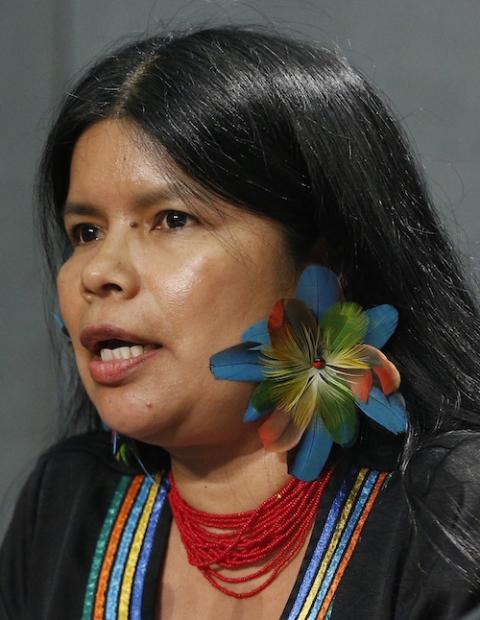 Patricia Gualinga, an Indigenous rights defender from Ecuador, speaks at a news conference at the Synod of Bishops for the Amazon in 2019. (CNS photo/Paul Haring)