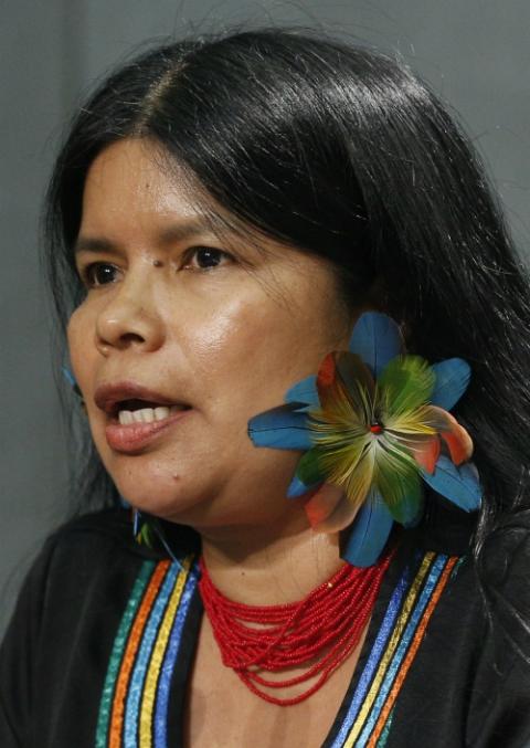 Patricia Gualinga speaks at a news conference to discuss the Synod of Bishops for the Amazon at the Vatican Oct. 17, 2019. (CNS/Paul Haring) Patricia Gualinga speaks at a news conference to discuss the Synod of Bishops for the Amazon at the Vatican Oct. 17, 2019. (CNS/Paul Haring)