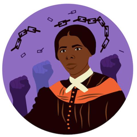 Illustration of Harriet Tubman breaking chains of slavery