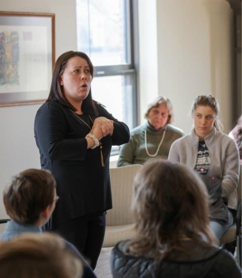 Heather Rivett performs in "The Visiting Room," a theatrical piece written and performed by formerly incarcerated women, March 4 at Lewis University in Romeoville, Illinois. (Joseph Glatz)