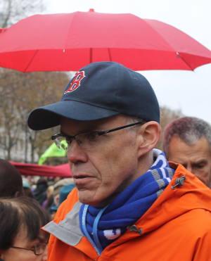 Bill McKibben at a climate demonstration Dec. 12, 2015 during the COP21 United Nations climate summit in Paris. (Brian Roewe)