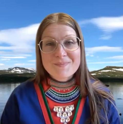 Åsa Larsson Blind, president of the Saami Council, pictured June 9 during a webinar opposing solar geoengineering technology (EarthBeat screenshot)