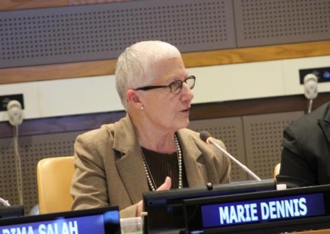 Marie Dennis, then-co-president of Pax Christi International, speaks at an event at the United Nations in 2017 (NCR photo/Chris Herlinger)