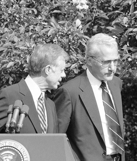 President Jimmy Carter with newly sworn-in Housing and Urban Development Secretary Moon Landrieu, right, after the swearing-in ceremony at the White House in Washington, D.C., Sept. 24, 1979. (AP file photo)