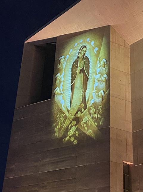 An image of Our Lady of Guadalupe painted by artist Lalo Garcia in 2013 is projected in light onto the outer wall of the Cathedral of Our Lady of the Angels in downtown Los Angeles, where it can be seen from the busy Hollywood Freeway. The painting, title An image of Our Lady of Guadalupe painted by artist Lalo Garcia in 2013 is projected in light onto the outer wall of the Cathedral of Our Lady of the Angels in downtown Los Angeles, where it can be seen from the busy Hollywood Freeway. The painting, title