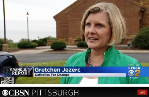 Gretchen Jezerc, vice president of Catholics for Change in Our Church's board, is interviewed by Pittsburgh's CBS affiliate in August 2019. (Screenshot) Gretchen Jezerc, vice president of Catholics for Change in Our Church's board, is interviewed by Pittsburgh's CBS affiliate in August 2019. (Screenshot)