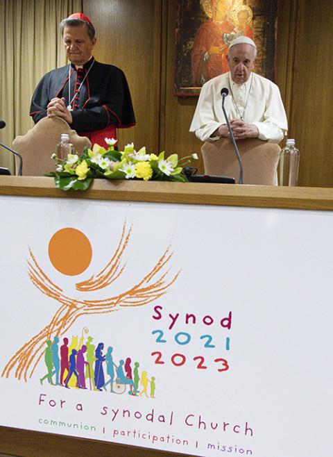 Pope Francis leads a meeting with representatives of bishops' conferences from around the world at the Vatican Oct. 9, 2021. Also pictured is Maltese Cardinal Mario Grech, secretary-general of the Synod of Bishops. (CNS/Paul Haring) Pope Francis leads a meeting with representatives of bishops' conferences from around the world at the Vatican Oct. 9, 2021. Also pictured is Maltese Cardinal Mario Grech, secretary-general of the Synod of Bishops. (CNS/Paul Haring)