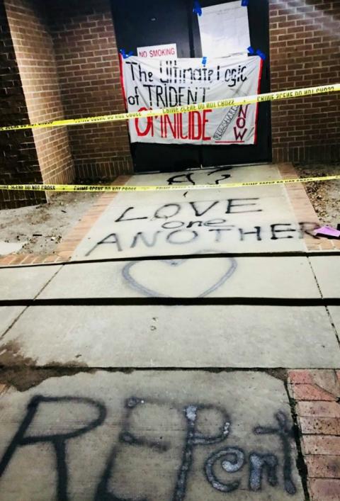 Part of the graffiti messaging left at the Kings Bay Naval Submarine Base in April 2018 (RNS/Courtesy of the Kings Bay Plowshares 7) Part of the graffiti messaging left at the Kings Bay Naval Submarine Base in April 2018 (RNS/Courtesy of the Kings Bay Plowshares 7)