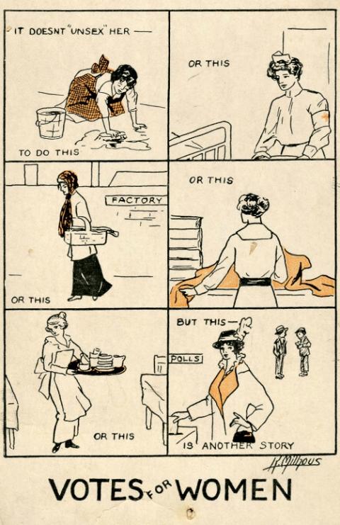 A 1915 women's suffrage propaganda postcard counters the rhetoric that voting would make a woman masculine by taking on masculine roles. (RNS/Katherine Milhouse, Creative Commons) A 1915 women's suffrage propaganda postcard counters the rhetoric that voting would make a woman masculine by taking on masculine roles. (RNS/Katherine Milhouse, Creative Commons)