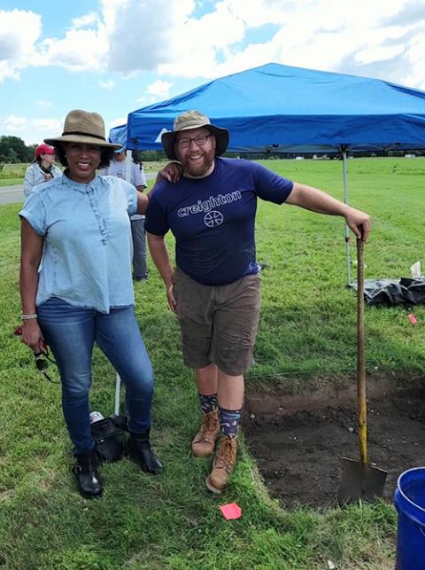 Missouri descendant Robin Proudie and Jesuit Br. Ken Homan Missouri descendant Robin Proudie and Jesuit Br. Ken Homan at the dig site at St. Inigoes in southern Maryland. (Kevin Porter)