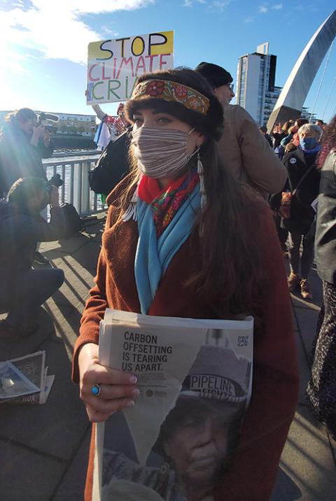 Ruth Miller, a Dena'ina Athabaskan from near Bristol Bay, Alaska, speaks after an Indigenous Environmental Network demonstration Nov. 3 outside the main COP26 venue in Glasgow, Scotland. (EarthBeat photo/Brian Roewe)