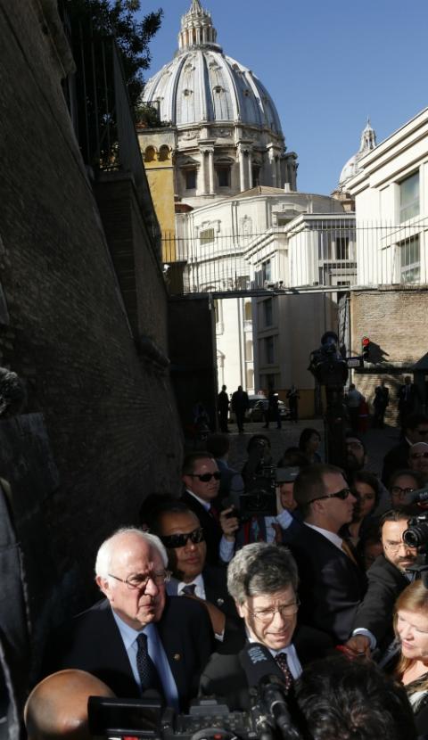 Sen. Bernie Sanders speaks to media outside the Vatican after delivering an address at a conference on Catholic social teaching April 15, 2016. (CNS/Paul Haring) Sen. Bernie Sanders speaks to media outside the Vatican after delivering an address at a conference on Catholic social teaching April 15, 2016. (CNS/Paul Haring)