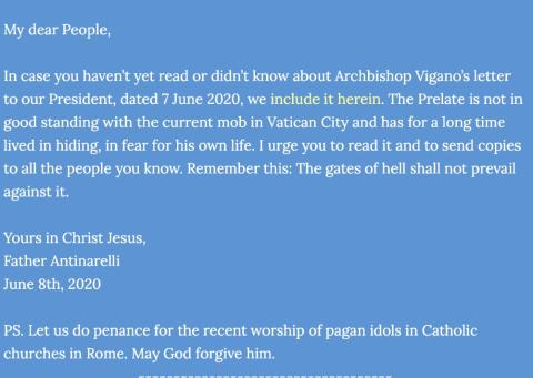 A screenshot of Fr. Ronald Antinarelli's June 8 post on the website of Our Lady of Victory Parish in Rochester, New York A screenshot of Fr. Ronald Antinarelli's June 8 post on the website of Our Lady of Victory Parish in Rochester, New York