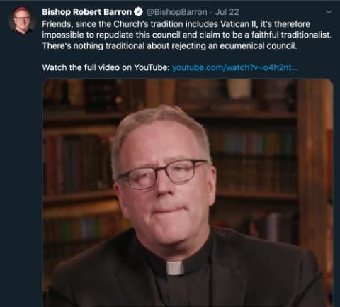 Los Angeles Auxiliary Bishop Robert Barron promotes his YouTube video " What Is Your Opinion on Catholic Traditionalism?" in a July 22 tweet. (Twitter screenshot/BishopBarron) Los Angeles Auxiliary Bishop Robert Barron promotes his YouTube video " What Is Your Opinion on Catholic Traditionalism?" in a July 22 tweet. (Twitter screenshot/BishopBarron)