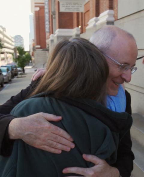 Jesuit Fr. James Martin embraces Christine Leinonen, who lost her son Drew in the 2016 mass shooting at the Pulse nightclub in Orlando, Florida in a still from the 2021 film "Building a Bridge." (NCR screenshot/Obscured Pictures) Jesuit Fr. James Martin embraces Christine Leinonen, who lost her son Drew in the 2016 mass shooting at the Pulse nightclub in Orlando, Florida in a still from the 2021 film "Building a Bridge." (NCR screenshot/Obscured Pictures)