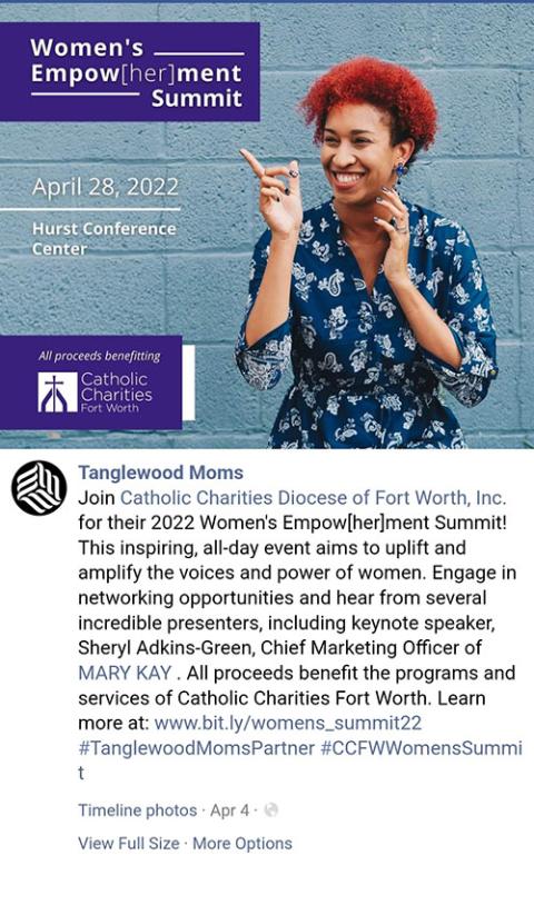 A Facebook post advertising the Women's Empow[her]ment Summit that Catholic Charities Fort Worth had scheduled for April 28 (NCR screenshot)