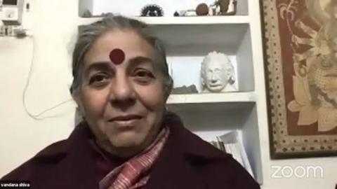 Indian physicist and environmental activist Vandana Shiva during a discussion Nov. 20 during the Economy of Francesco. (NCR screenshot)
