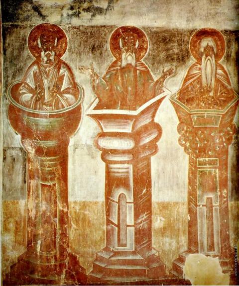 "After a while, people just stopped doing it": Three stylites are depicted in a 14th-century fresco in the Church of the Transfiguration in Veliky Novgorod, Russia. (Wikimedia Commons)