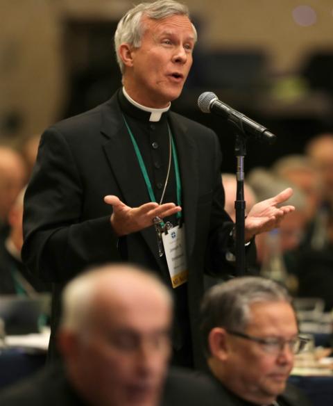 Joseph Strickland of Tyler, Texas, speaks from the floor during the U.S. bishops' assembly in Baltimore Nov. 11, 2019. (CNS/Bob Roller)