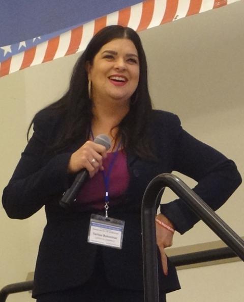 Terrisa Bukovinac addresses the national conference of the Democrats for Life of America in East Lansing, Michigan, in 2019. (Don Clemmer)