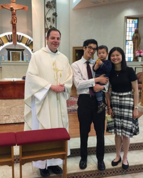 Fr. Tom Burke with Sylvia Sng; her husband, Jeffrey Villanueva; and their son, Anthony, at St. Bede Church of St. Mary Magdalene Parish (Provided photo)