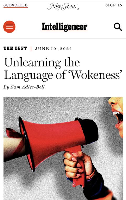 Sam Adler-Bell's essay on "wokeness" is seen on New York magazine's website. (NCR screenshot)