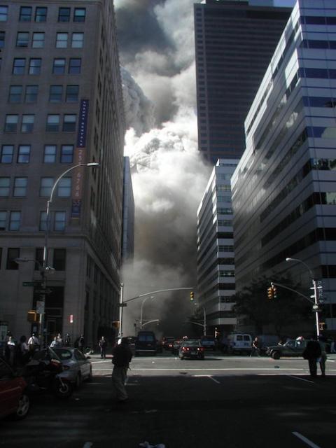 A cloud of dust and smoke is seen through the buildings along West Broadway in New York City, after the collapse of World Trade Center 2 on Sept. 11, 2001. (Wikimedia Commons/Hans Joachim Dudeck)