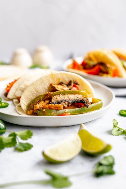 Mushroom tempeh fajitas with spices and vegetables (At Elizabeth's Table/Elizabeth Varga)