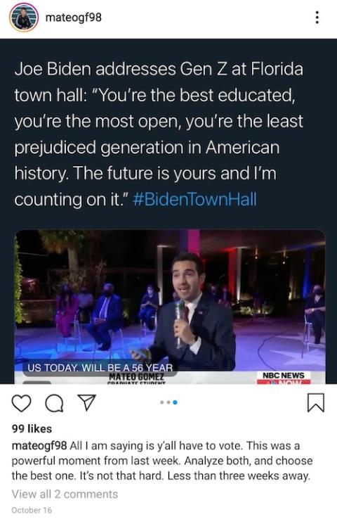 Mateo Gomez's Instagram post about speaking at the town hall with Vice President Joe Biden (NCR screenshot)