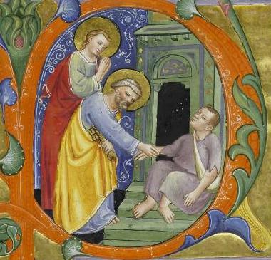 A 14th-century miniature depicts St. Peter healing the crippled beggar (Acts 3:1-10). (Walters Art Museum) A 14th-century miniature depicts St. Peter healing the crippled beggar (Acts 3:1-10). (Walters Art Museum)