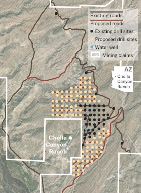 A Bureau of Land Management map shows the completed (black dots) and proposed (light yellow dots) drilling sites surrounding the eastern side of the Cholla Canyon Ranch property. (Bureau of Land Management)