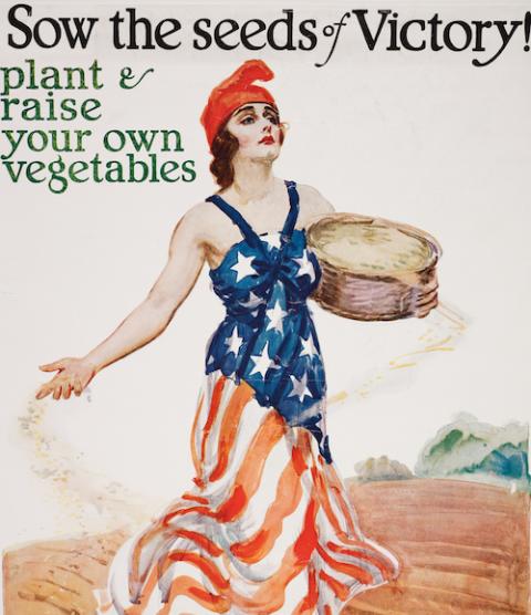 Detail of poster from 1918, during World War I, by James Montgomery Flag promoting gardening to free up other food resources (National Archives) Detail of poster from 1918, during World War I, by James Montgomery Flag promoting gardening to free up other food resources (National Archives)