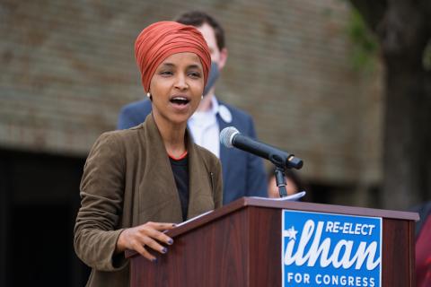 Rep. Ilhan Omar speaks at a press conference Aug. 5, 2020, outside the Minnesota DFL Party's St. Paul, Minnesota headquarters in the final days before the primary election in Minnesota's 5th Congressional District. (Wikimedia Commons/Tony Webster)