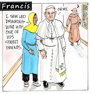 Francis, the comic strip: Leo drinking wine with his street friend? Hmm.