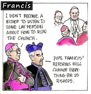 Francis, the comic strip: A bishop doesn't like Francis' reforms, but someone in authority has some advice.