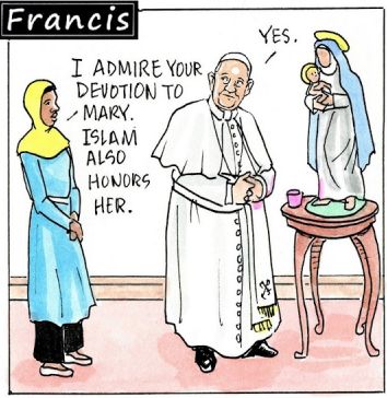 Francis, the comic strip: Francis and Gabby share their devotion and prayers to Mary.