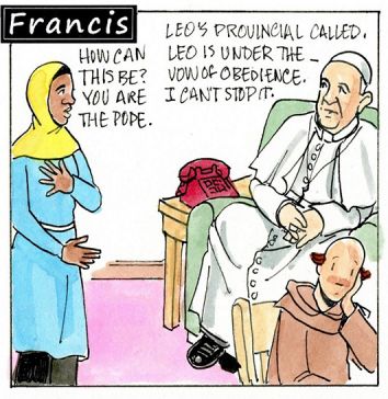Francis, the comic strip: Francis, Leo and Gabby talk about Leo's replacement.