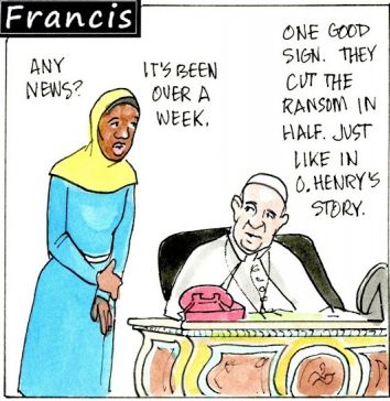 Francis, the comic strip: Gabby and Francis discuss Brother Leo's predicament.