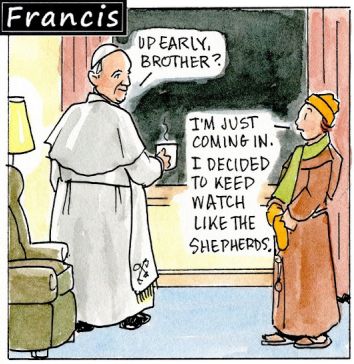 Francis, the comic strip: Brother Leo and Francis look for the morning star. 