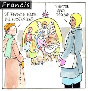 Francis, the comic strip: The holy family in the Creche reminds us of others who need welcome.