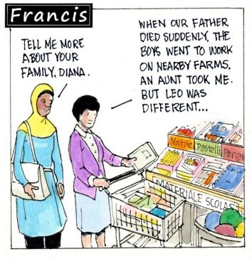 Francis, the comic strip: Brother Leo's sister, Diana, shares some secrets from their family's past.