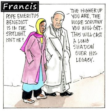 Francis, the comic strip: Pope Emeritus Benedict is in the spotlight, with a long shadow cast over his legacy.