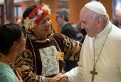 Pope Francis meets Jose Gregorio Díaz Mirabal, coordinator of an umbrella group of Amazonian Indigenous organizations, during a session of the Synod of Bishops for the Amazon at the Vatican in October 2019. (CNS photo/Vatican Media)