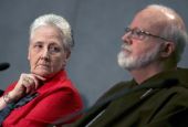 Irish abuse victim Marie Collins looks at Boston Cardinal Seán P. O'Malley during a briefing at the Holy See press office at the Vatican May 3, 2014. (CNS photo/Alessandro Bianchi, Reuters)