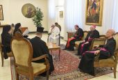 Pope Francis listens to Orthodox Archbishop Job of Telmessos while meeting a delegation representing the Ecumenical Patriarchate of Constantinople at the Domus Sanctae Marthae at the Vatican June 30 (CNS/Vatican Media)